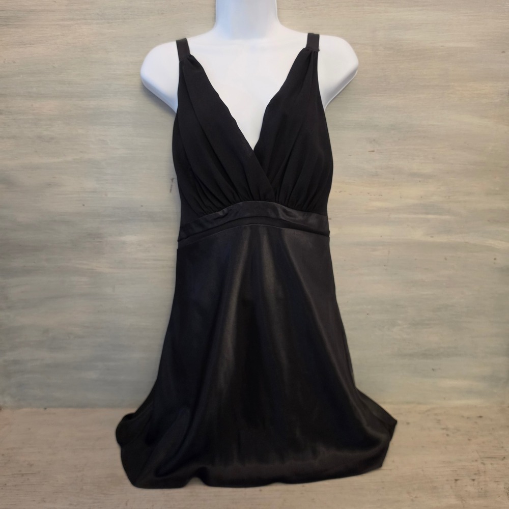 Jones New York Black Satiny Vneck Sleeveless Aline Mini Cocktail Dress Large GC